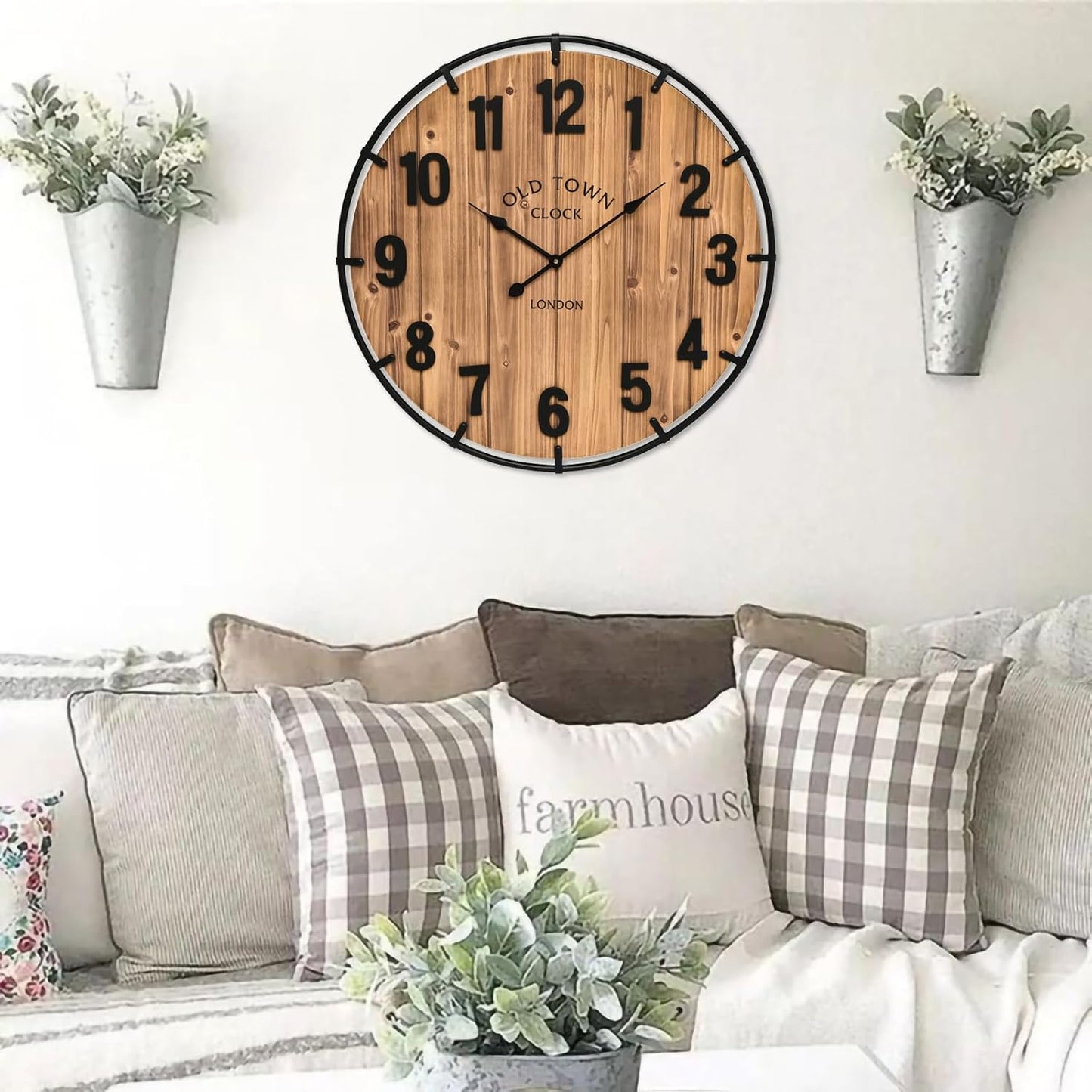 Large Old Town Farmhouse Wall Clock 20 Inches - Rustic Antique Wood with Metal Circle and Large