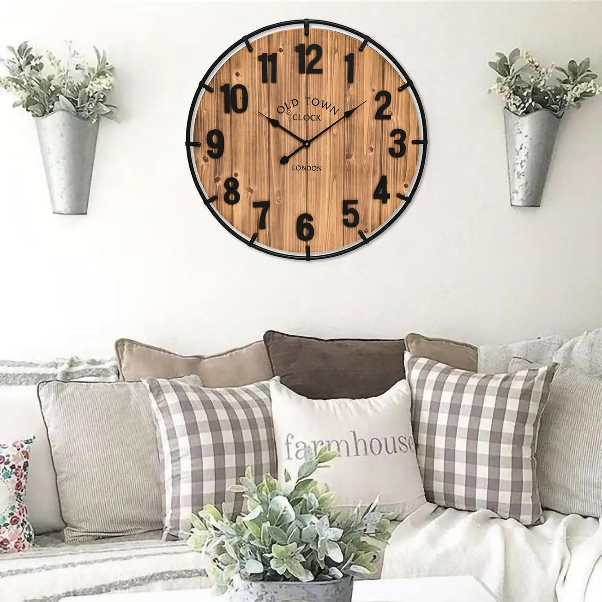 Large Old Town Farmhouse Wall Clock 20 Inches - Rustic Antique Wood with Metal Circle and Large