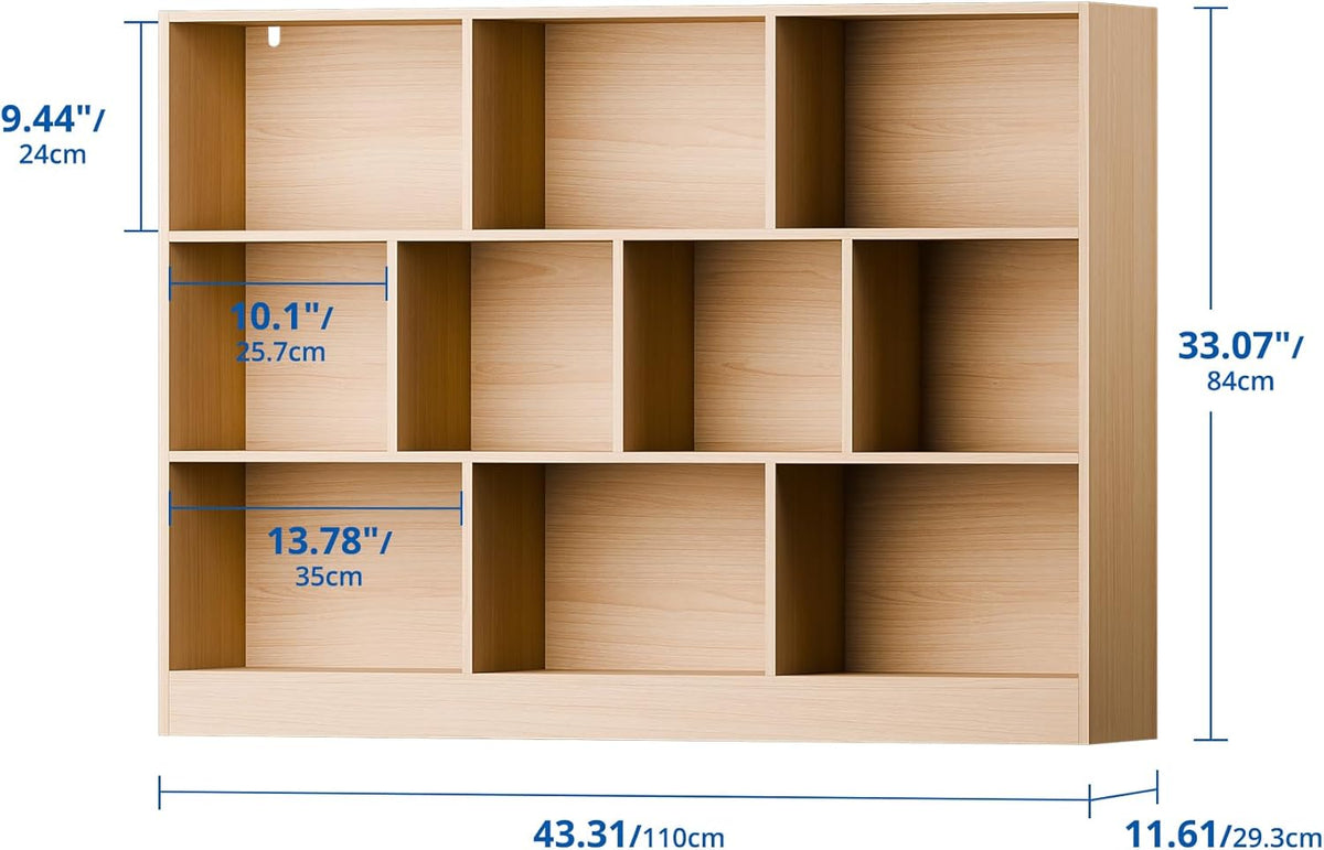Cozy Castle Oak Bookshelf, 3-Tier Open Shelf Bookcase, 10 Cube Storage Organizer with Anti-Tilt