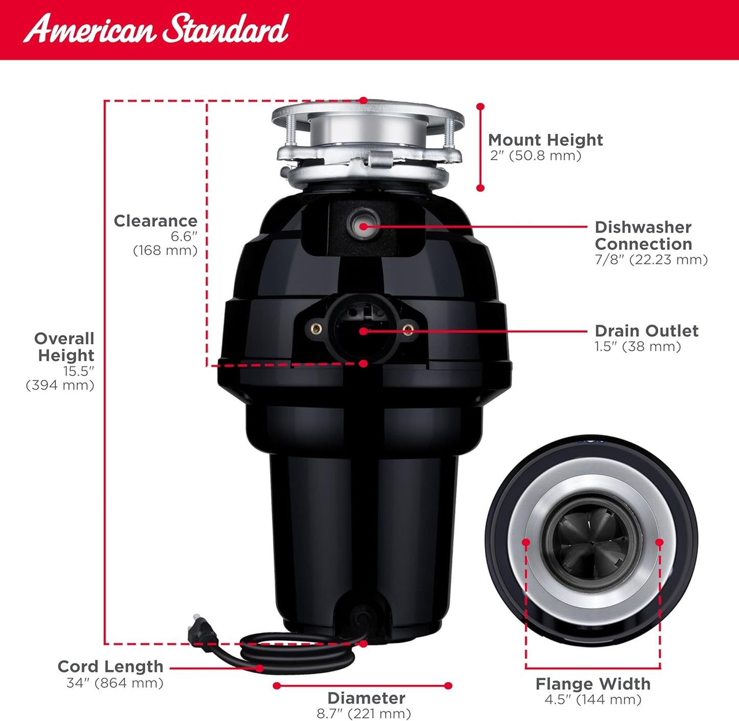 American Standard 10-US-AS-12 Garbage Disposal Anti-Jam Stainless Steel Food Waste Grinding System