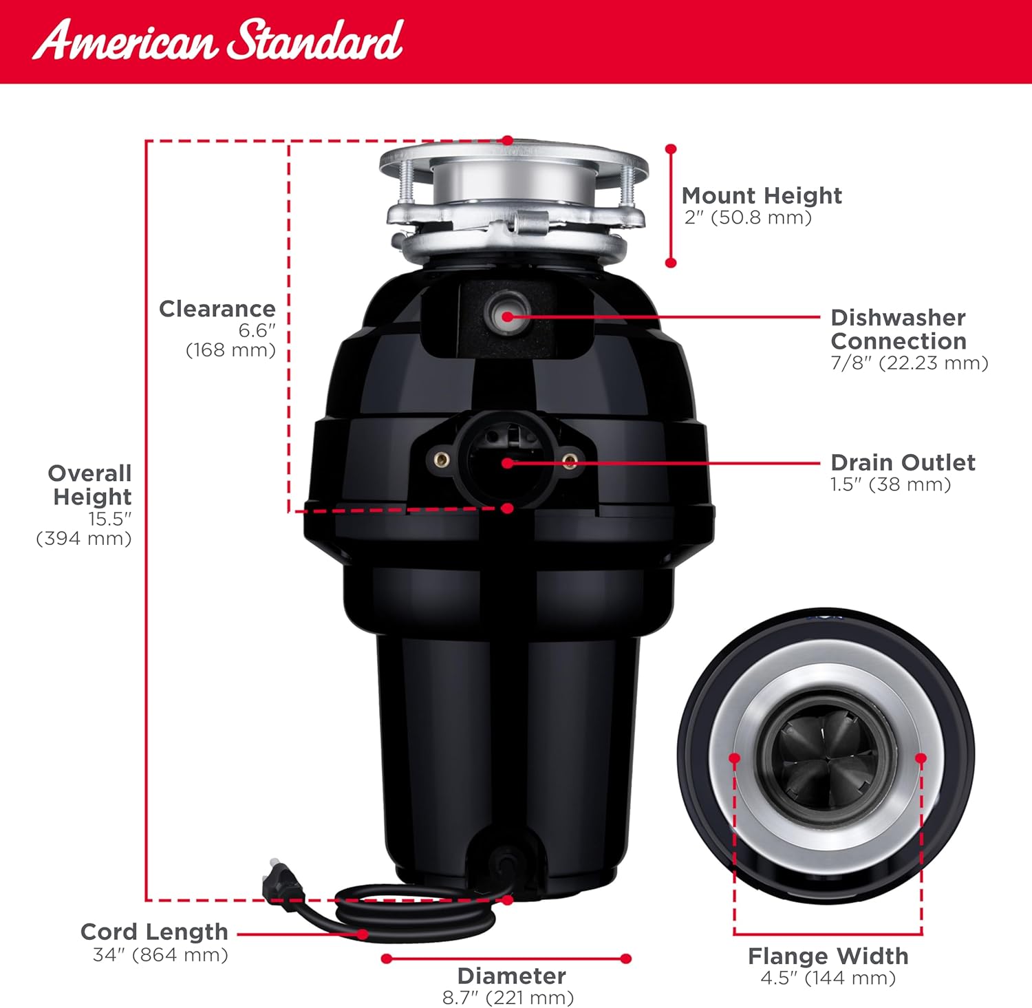 American Standard 10-US-AS-12 Garbage Disposal Anti-Jam Stainless Steel Food Waste Grinding System