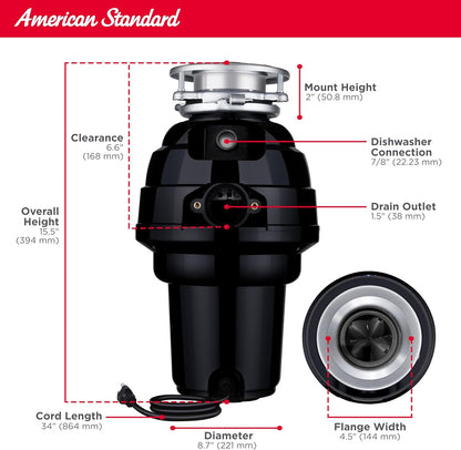 American Standard 10-US-AS-12 Garbage Disposal Anti-Jam Stainless Steel Food Waste Grinding System