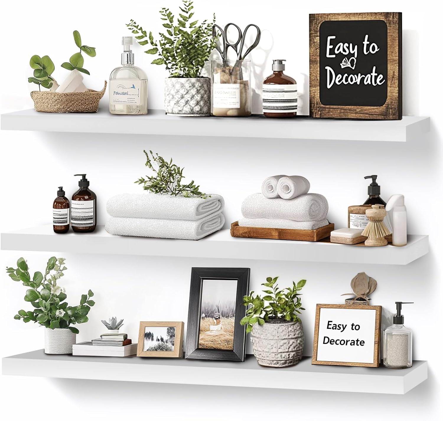 3-Pack Floating Wall Shelves, 24-Inch Rustic White Wooden Shelves for Storage and Décor, Easy