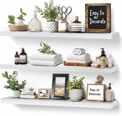 3-Pack Floating Wall Shelves, 24-Inch Rustic White Wooden Shelves for Storage and Décor, Easy