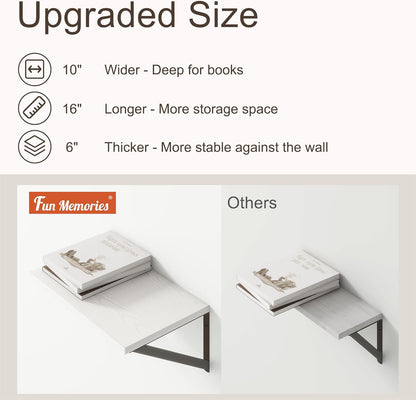 Fun Memories 10 Inch Deep Floating Shelves, White Floating Shelf 16 Inch Long, 16" W x 10" D Wall