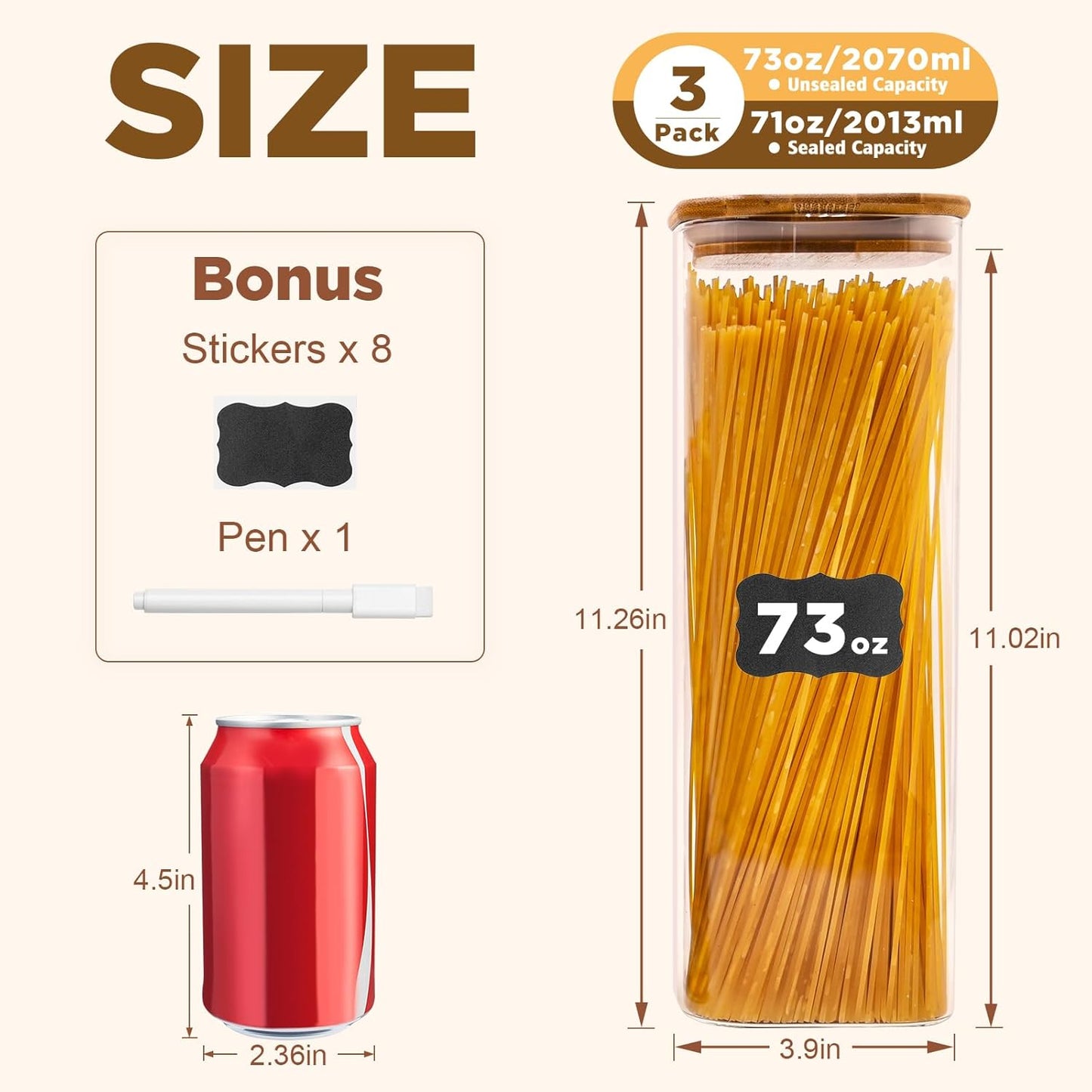 Glass Pasta Storage Jars Square 73oz, 3 Pack Glass Jars With Bamboo Lids, Tall Kitchen Storage