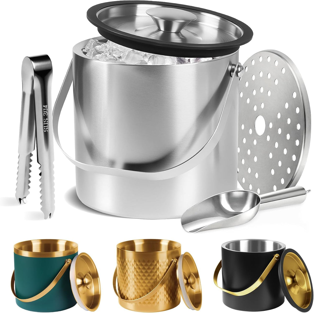 Ice Bucket, Ice Bucket with Silicone Sealing Ring Double-Wall Vacuum Insulation Champagne Buckets