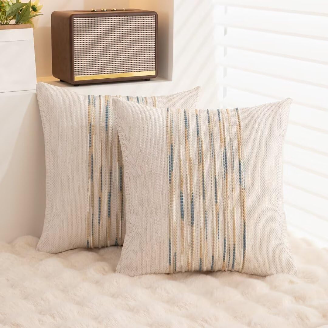 Boho Throw Pillow Covers 18x18 Set of 2 Farmhouse Decorative Cushion Case Striped Square Pillows