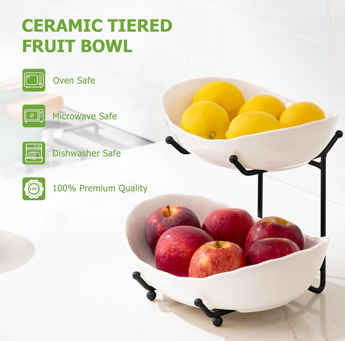HBlife Fruit Bowl for Kitchen Counter - 2 Tier Ceramic Fruit Rack, Fruit Basket for Fresh