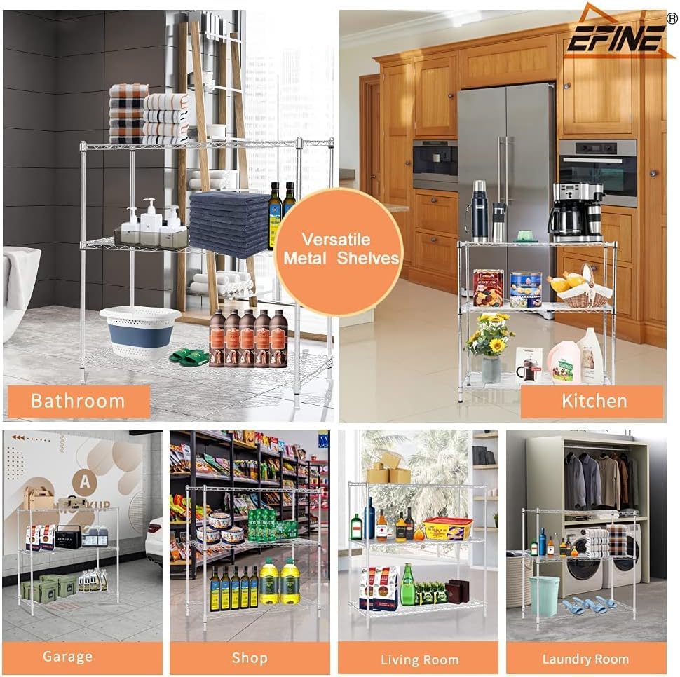 Catalina Creations EFINE 3-Shelf Chrome Shelving Unit with 3-Shelf Liners, Adjustable Rack, Steel
