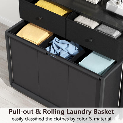 Laundry Hamper Laundry Basket with 3 Section Pull-Out Rolling Bags & 2-Tier Storage Shelf, Laundry