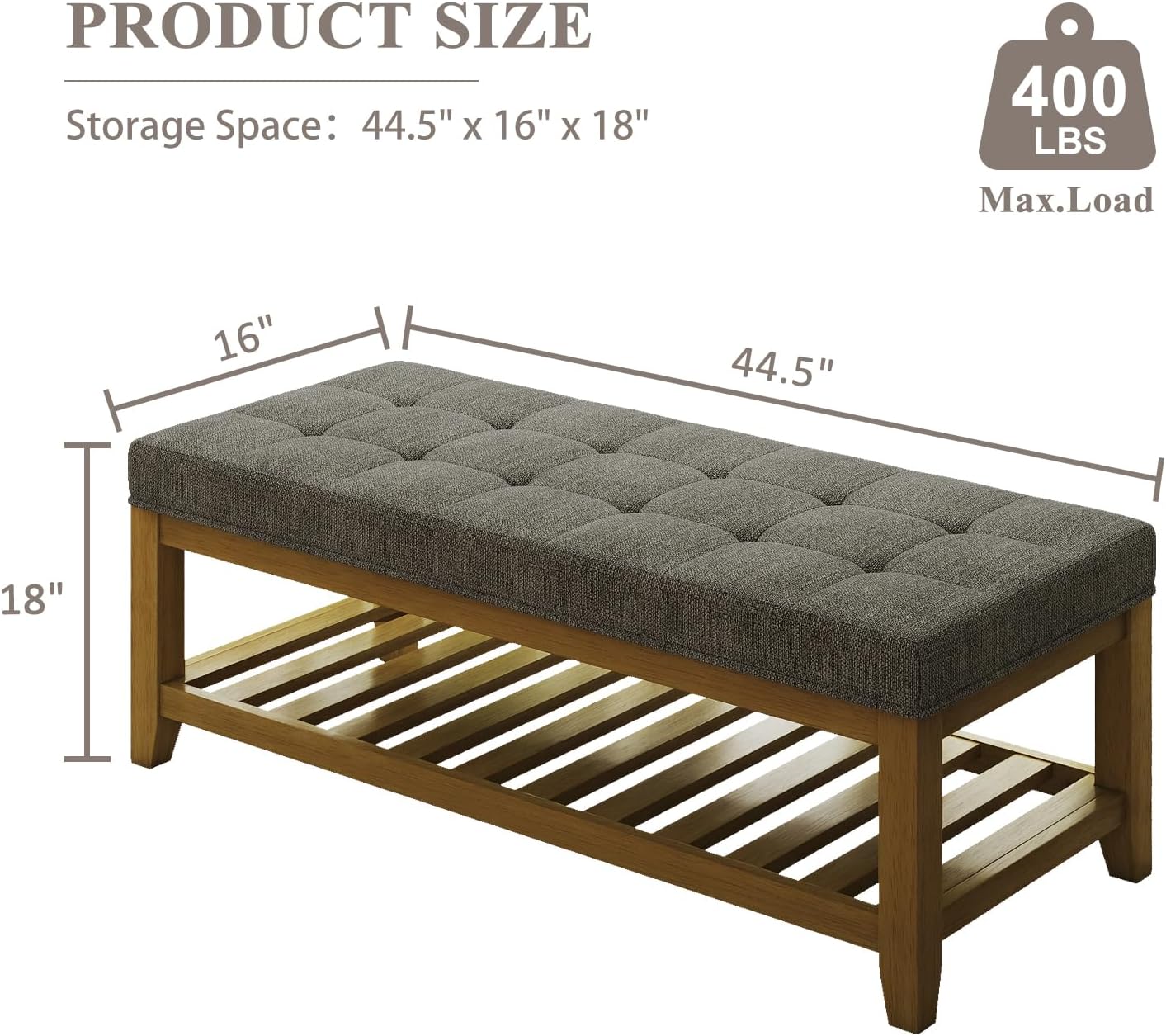 Large Rectangular Upholstered Ottoman Bench, Linen Tufted Footrest Ottoman with Solid Wood Shelf