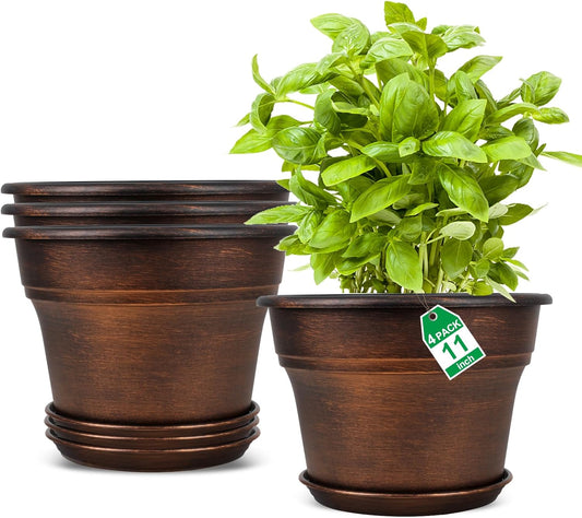 Plant Planters Pots Set of 4 Pack 11 Inch, Plastic Flower Pot for Indoor Plants with Drainage Holes