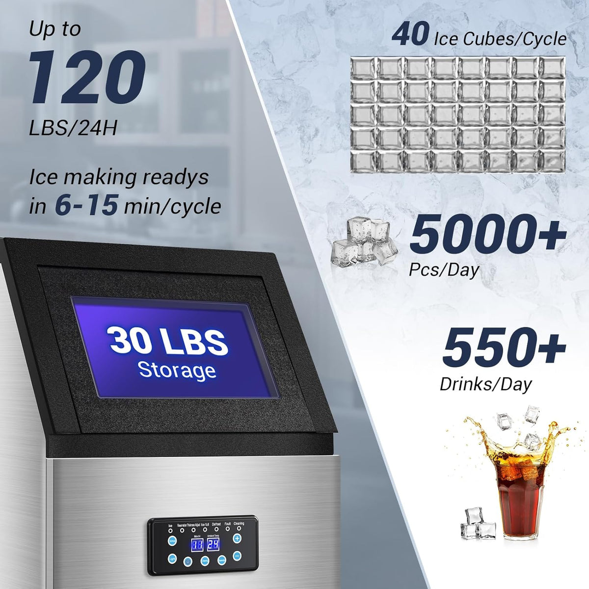 Commercial Ice Maker Machine 120LBS/24H with 30LBS Storage Bin, 15" Wide Undercounter/Freestanding