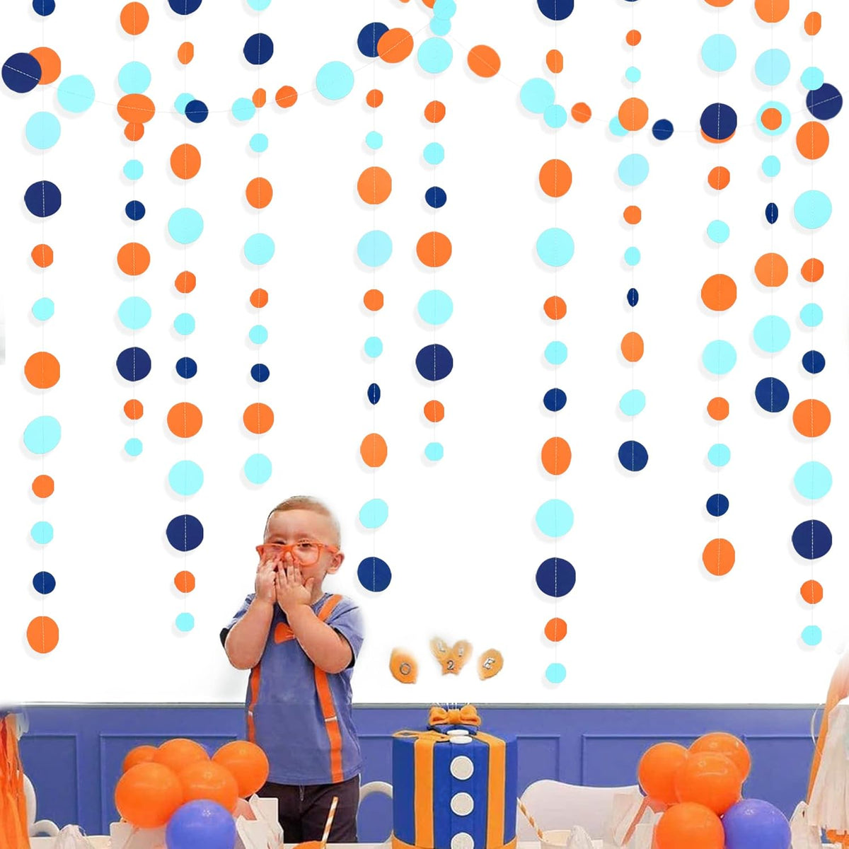 46 Ft Navy Blue Orange and Teal Circle Dots Garland Royal Blue Orange Aqua Polka Dot Hanging Paper