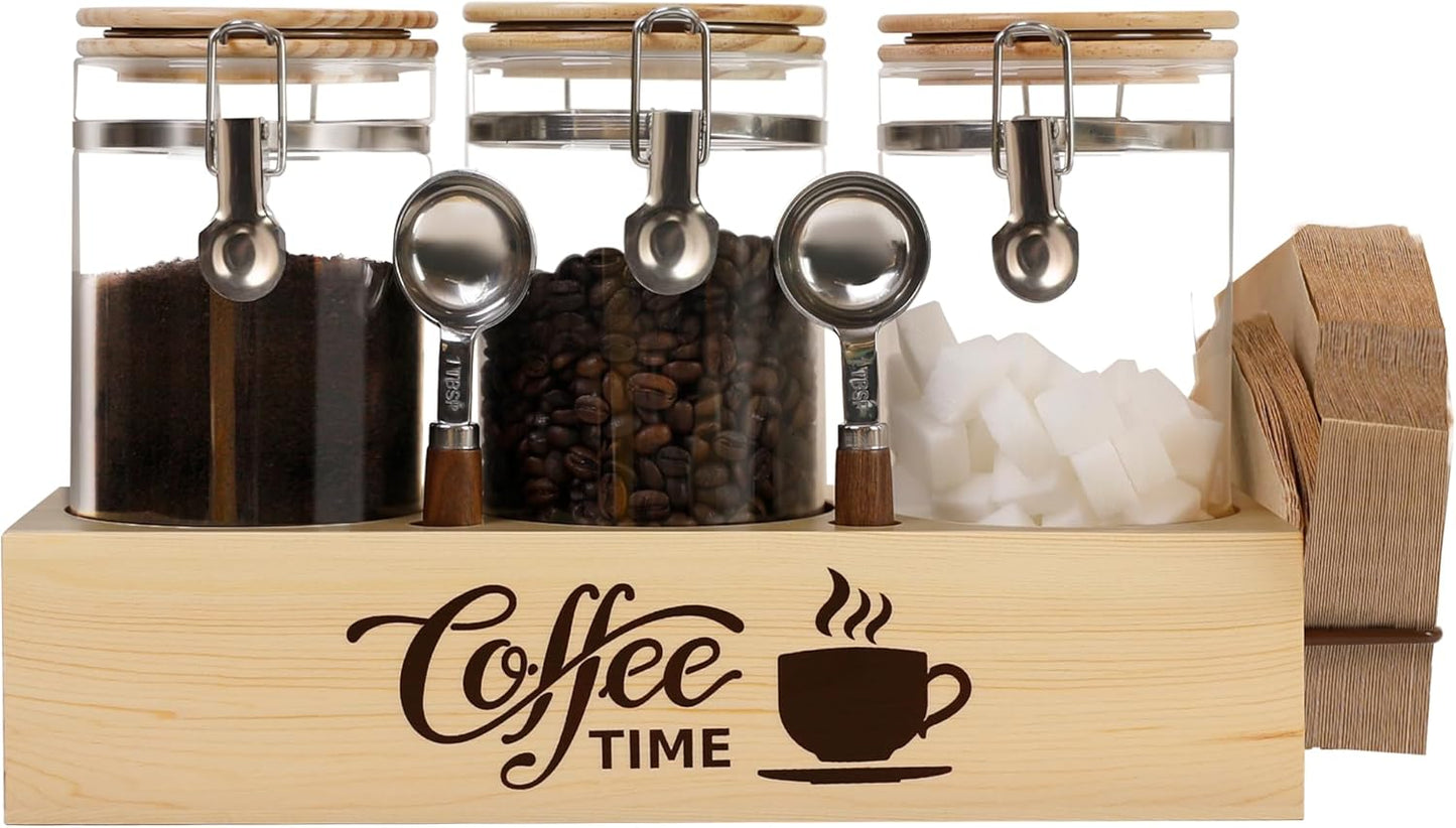 Glass Coffee Canister Set with Shelf & Spoons 3 Piece Coffee Containers for Ground Coffee Coffee
