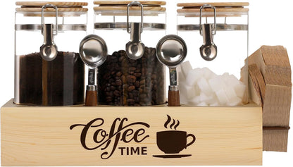 Glass Coffee Canister Set with Shelf & Spoons 3 Piece Coffee Containers for Ground Coffee Coffee