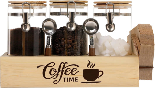 Glass Coffee Canister Set with Shelf & Spoons 3 Piece Coffee Containers for Ground Coffee Coffee
