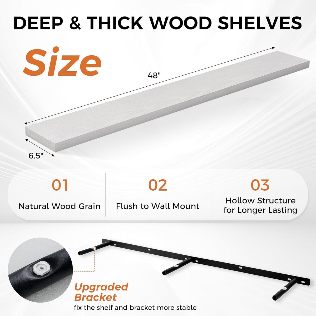 White Floating Shelves for Wall, 48 Inch Floating Shelves for Home Decor, Wall Mounted Rustic Wood