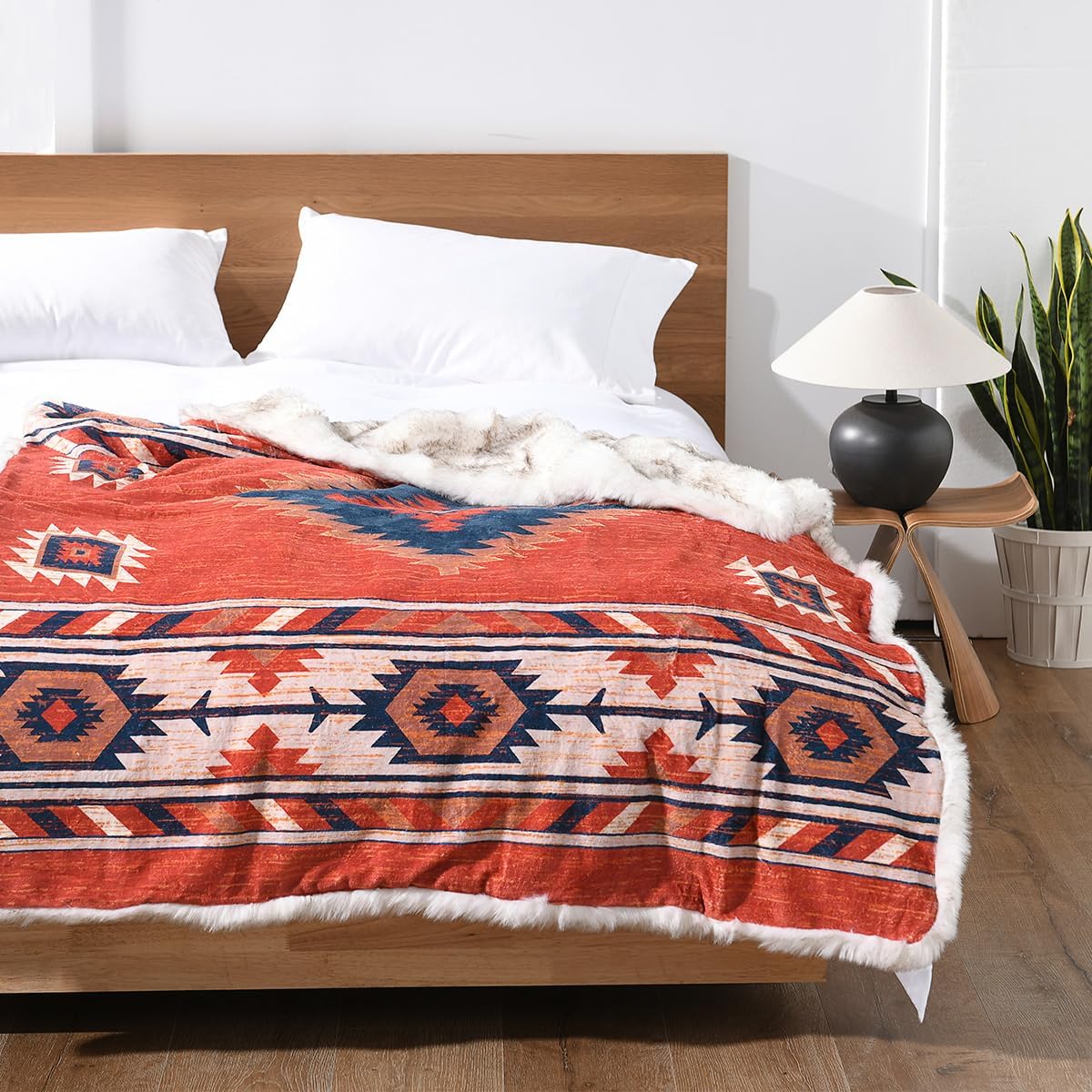 Luxury Plush Faux Fur Throw Blanket with Aztec Pattern, Super Warm, Fuzzy, Elegant, Fluffy