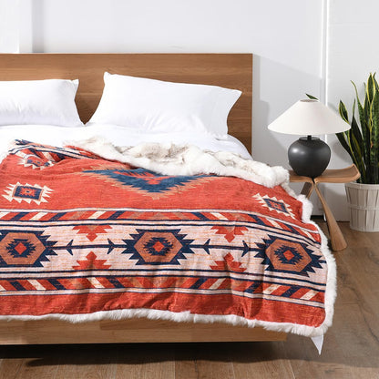 Luxury Plush Faux Fur Throw Blanket with Aztec Pattern, Super Warm, Fuzzy, Elegant, Fluffy