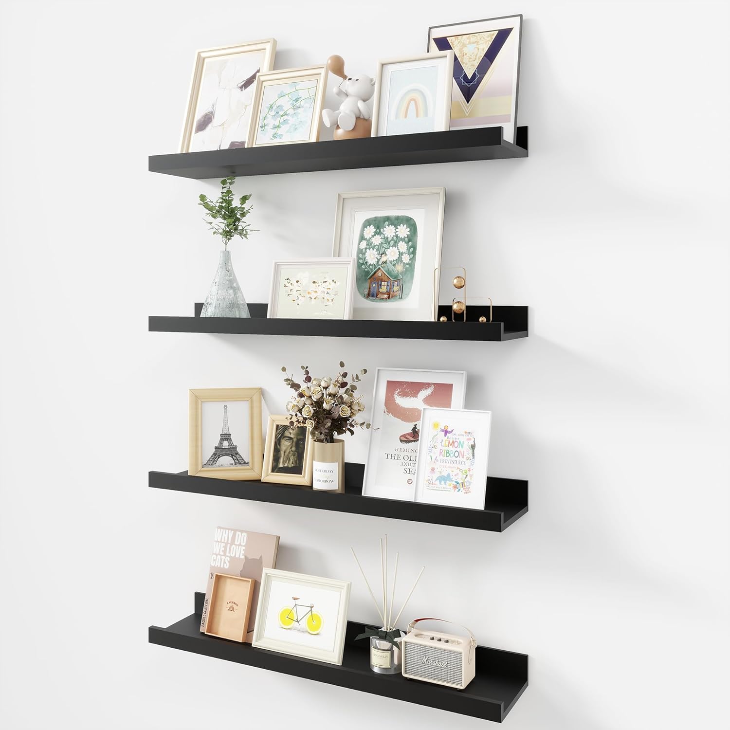 Picture Ledge Shelf, Wood Floating Shelves Set of 4, 24 inch Picture Ledge Shelves, Photo Ledge