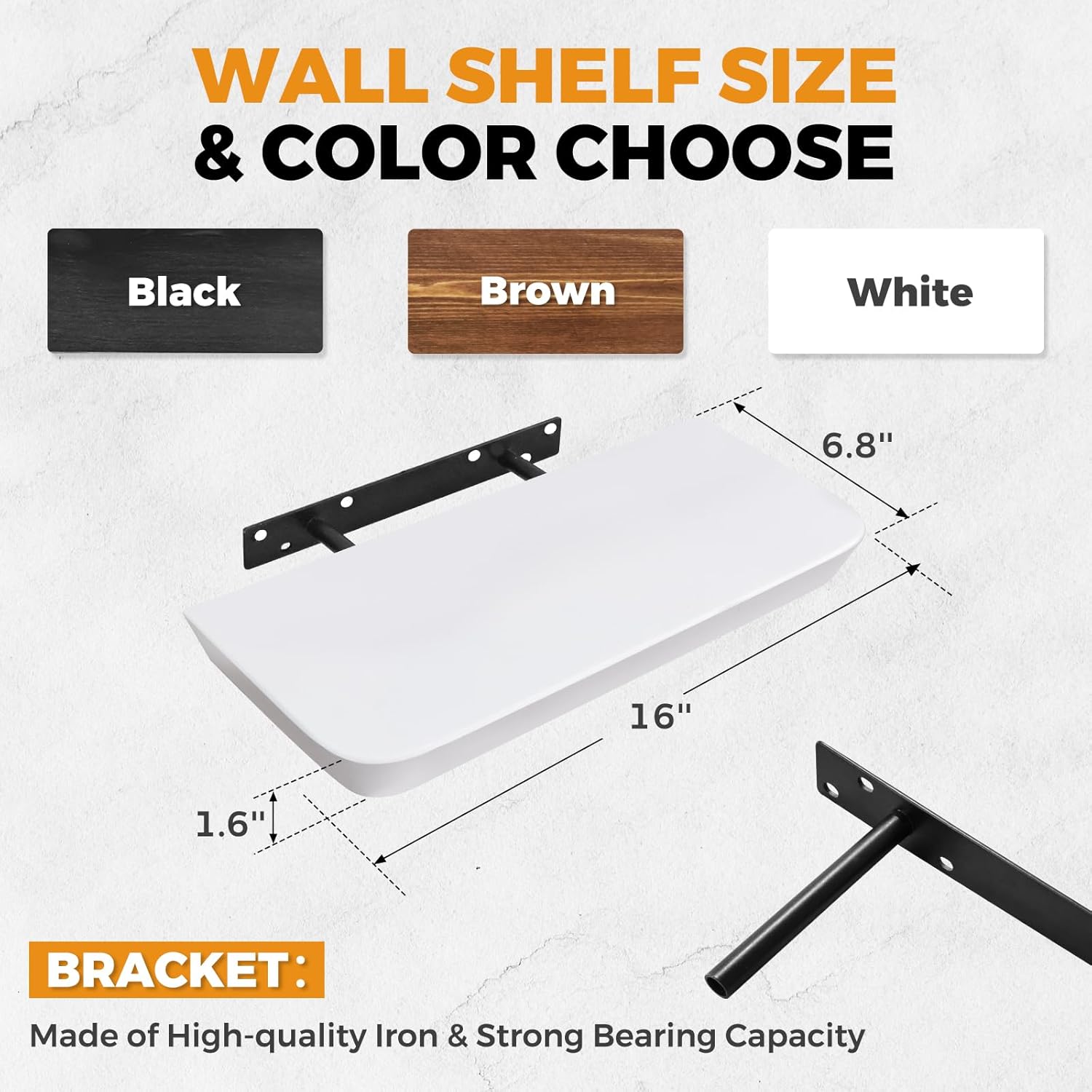 16"x6.8"x1.6" Slanted Floating Wall Shelves 2-Pack - Rustic White Finish, Heavy-Duty Solid Wood