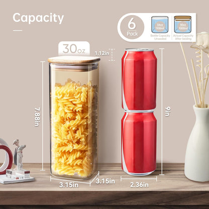 Square Glass Jars with Bamboo Lids 30 FL OZ [Set of 6], Glass Canisters with Airtight Lid, Glass