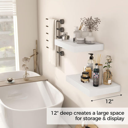 12 Inch Deep White Floating Shelves, 16 x 12 Floating Shelf for Books, Rustic Wood Deep Wall