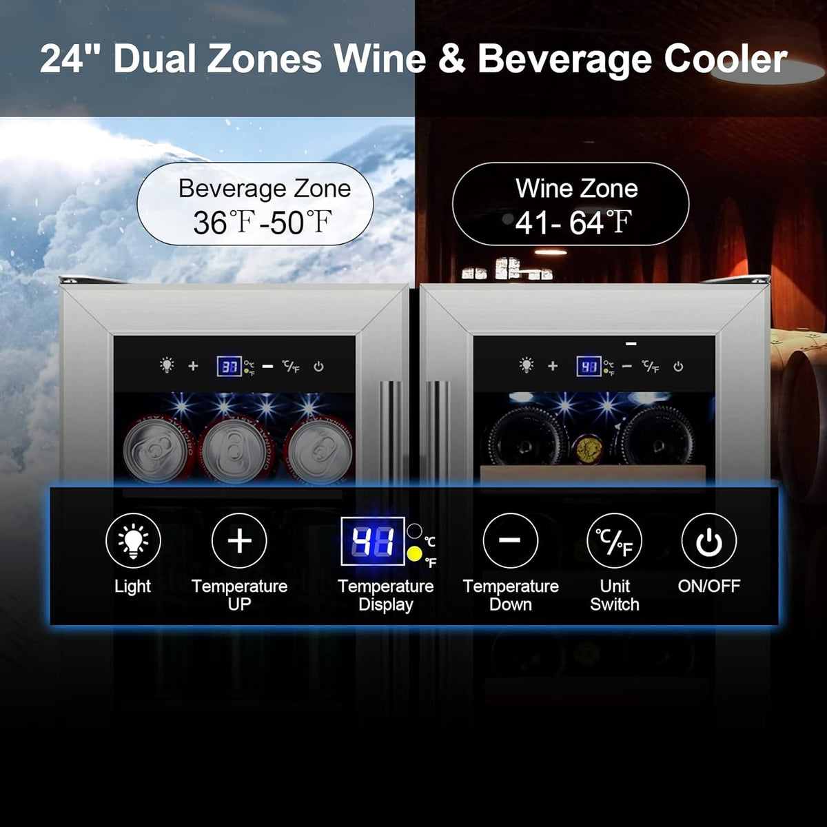Tylza Wine and Beverage Refrigerator 24 Inch Dual Zone, French Door Wine and Beverage Cooler 24''