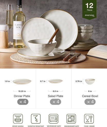 Famiware Dinnerware Sets for 4, Ocean Round 12-Piece Kitchen Plates and Bowls Sets, Microwave and