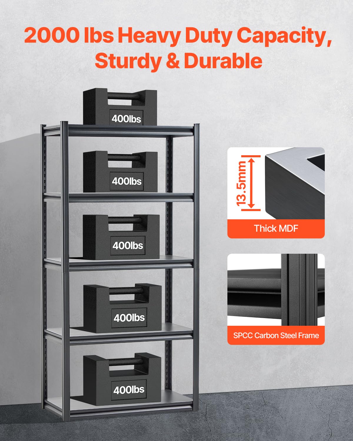 VEVOR Storage Shelves, 2000 lbs, 5 Tier Garage Storage Shelving, 18" D x 36" W x 72" H Adjustable