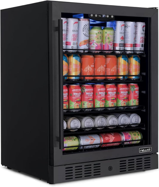 Newair 24" Beverage Refrigerator 177 Can Capacity, Black Stainless Steel Mini Fridge with Built-in