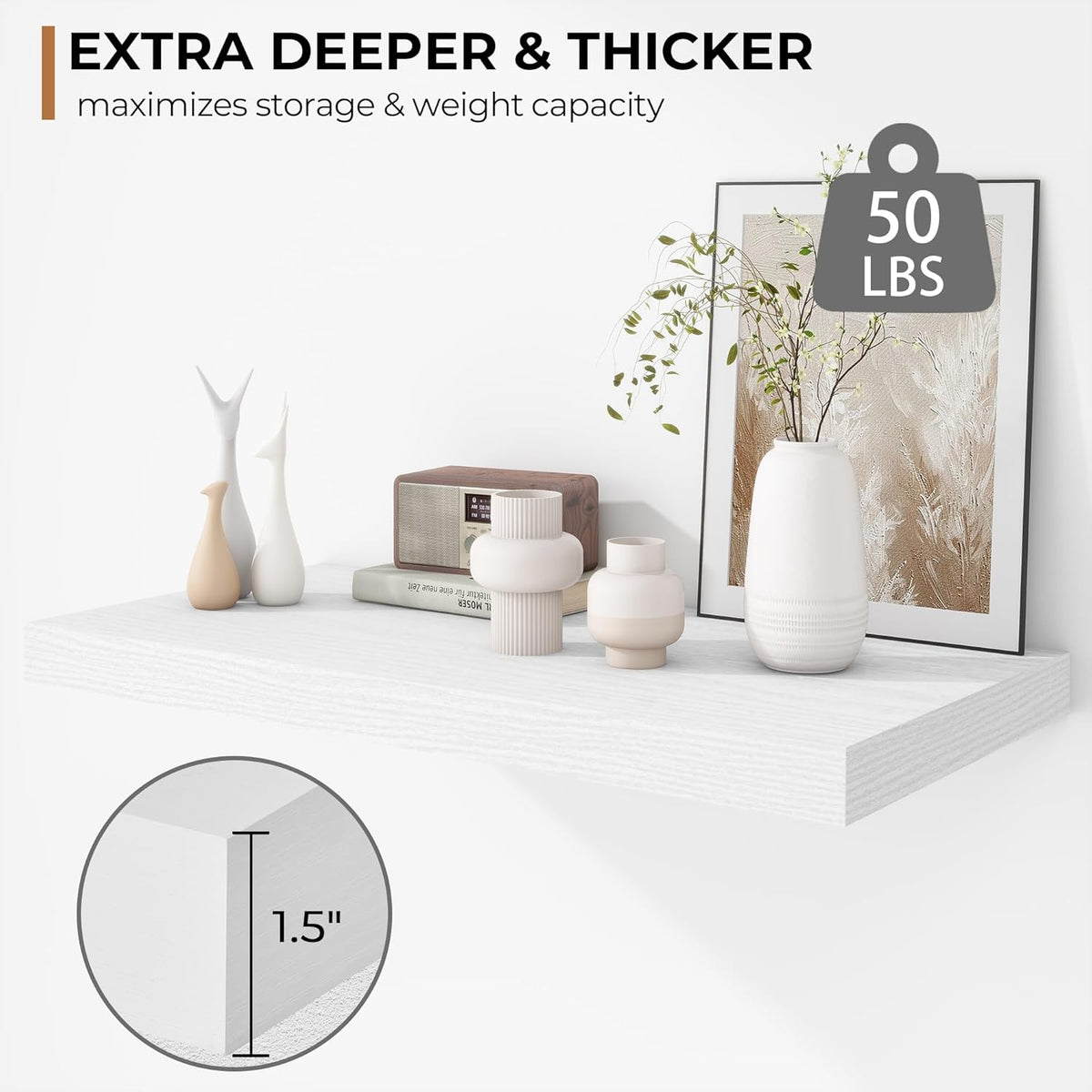 Fun Memories Floating Shelves - 2 Pack 12 Inch Deep Rustic Wooden Wall Shelves - Extra Deeper &