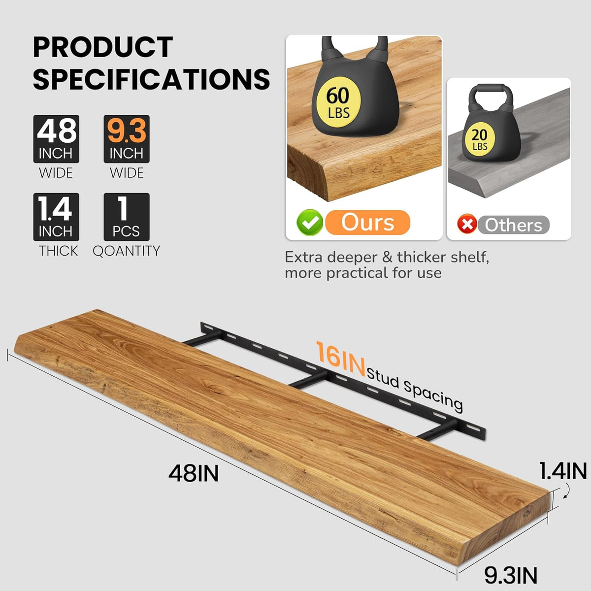 Floating Shelves for Wall, 48"x9.3" Rustic Solid Live-Edge Elm Wood Wall Shelves, Heavy-Duty