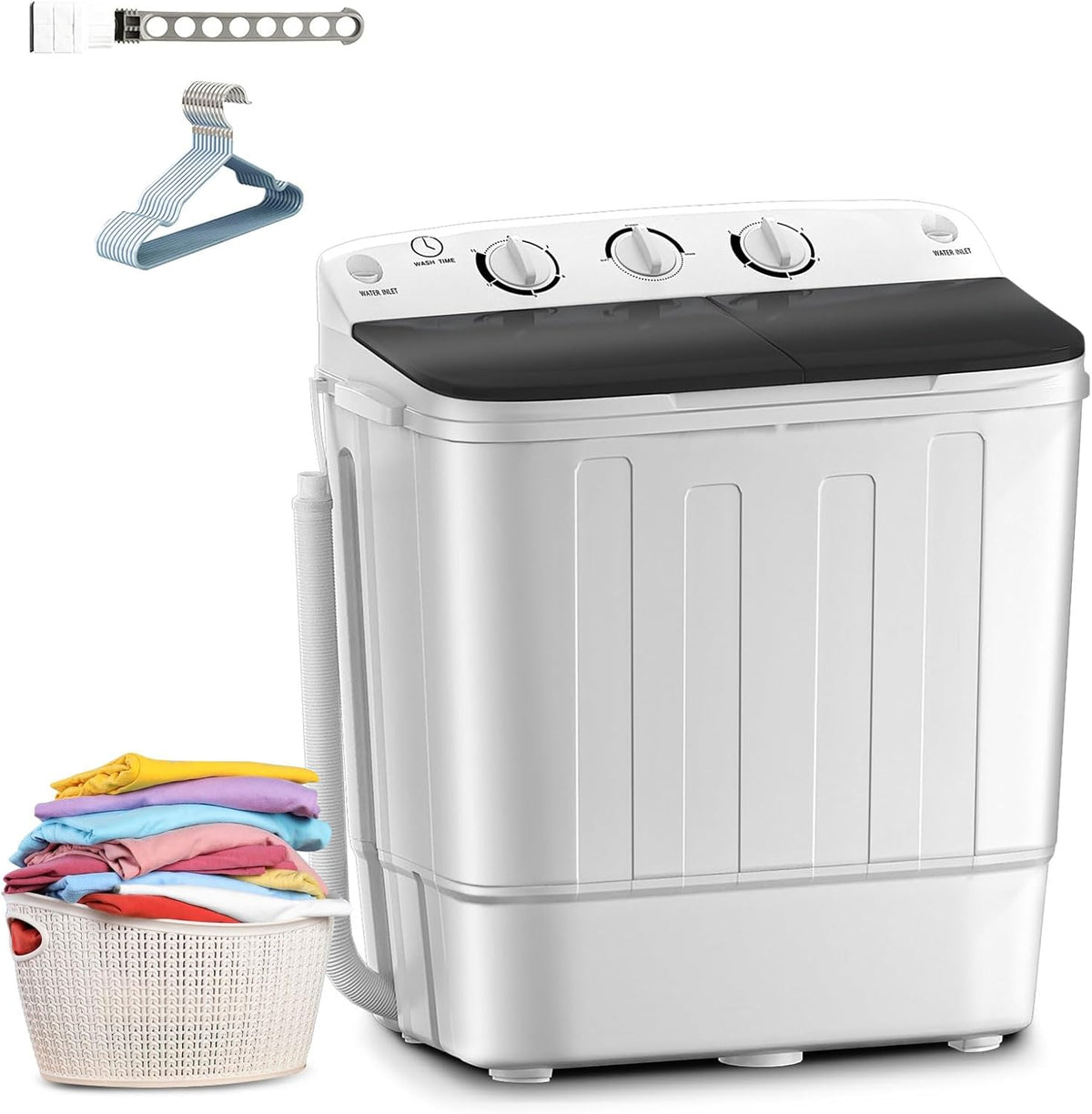 Portable Mini Twin Tub 18lbs Washing Machine With Drying Rack& 10 Hangers, 11lbs Washer & 7lbs