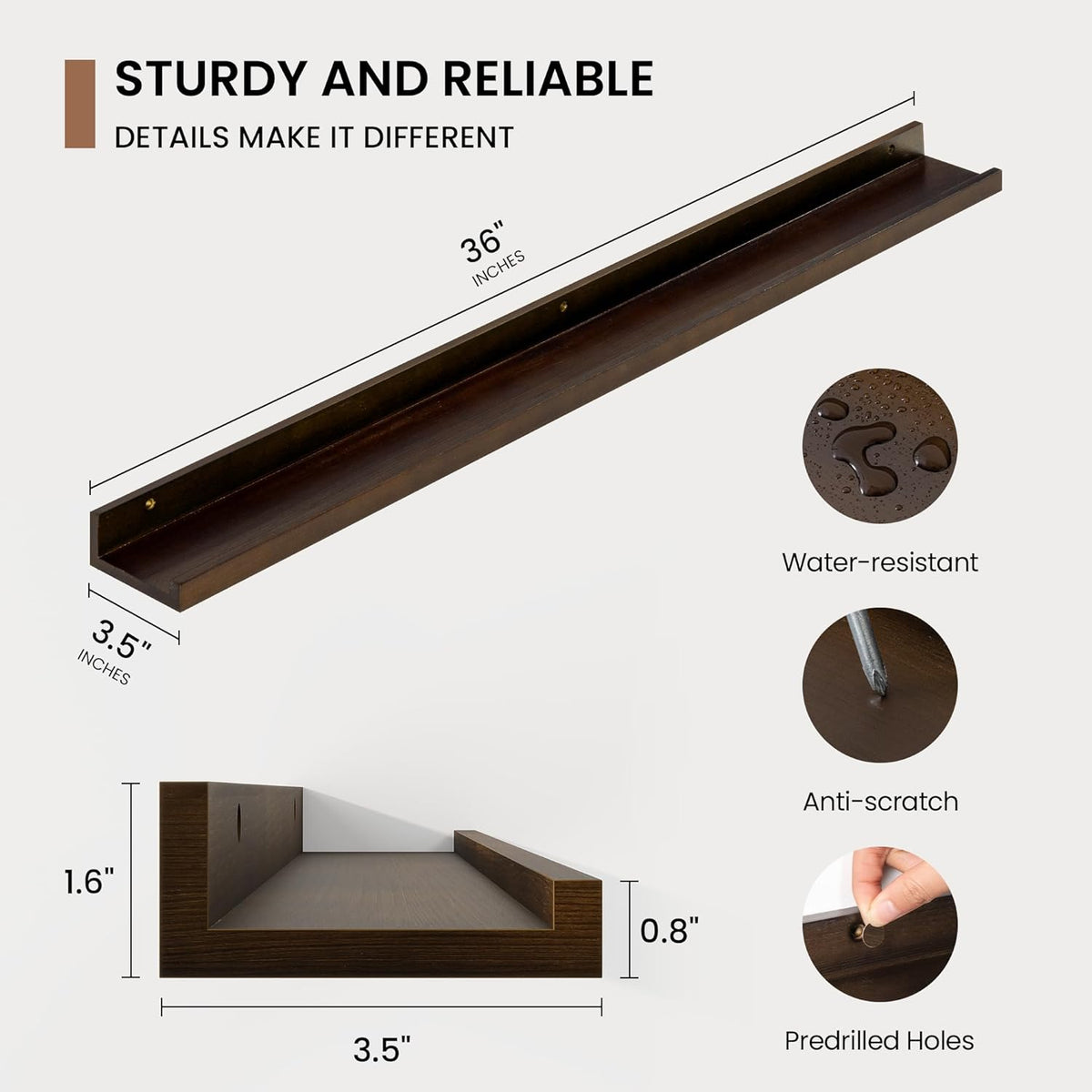 Picture Ledge Shelf, Solid Pine Wood Floating Shelves Set of 2, 36 Inches Nursery Book Shelves for