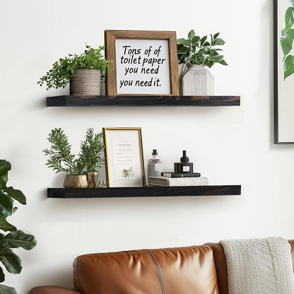 24"x6.8"x1.2" Solid Wood Floating Shelves 2-Pack - Rustic Black Finish with Hidden Brackets