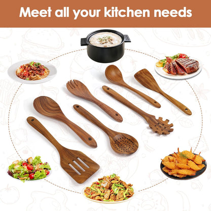 comfoyar Teak Wooden Spoons for Cooking, 7 Pieces Kitchen Cooking Utenails Set with Spatula and
