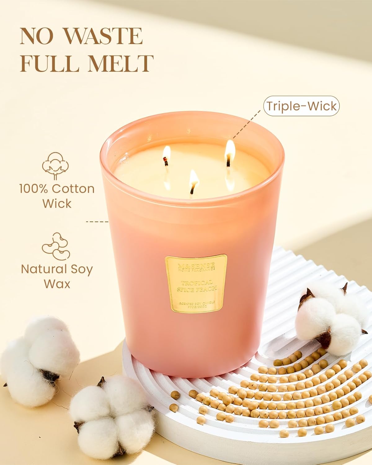 M&SENSE Tropical Spice Peach Scented 35oz 150H Burn Time, 3-Wick Natural Aromatherapy Candle Highly