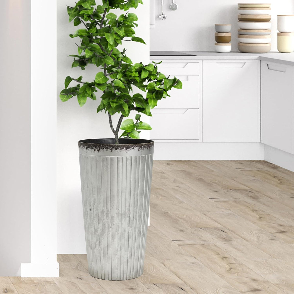 Worth Garden 22.5" H. Plastic Planters - Set of 2 Silver Color Tall Conical Plant Pots for Indoor