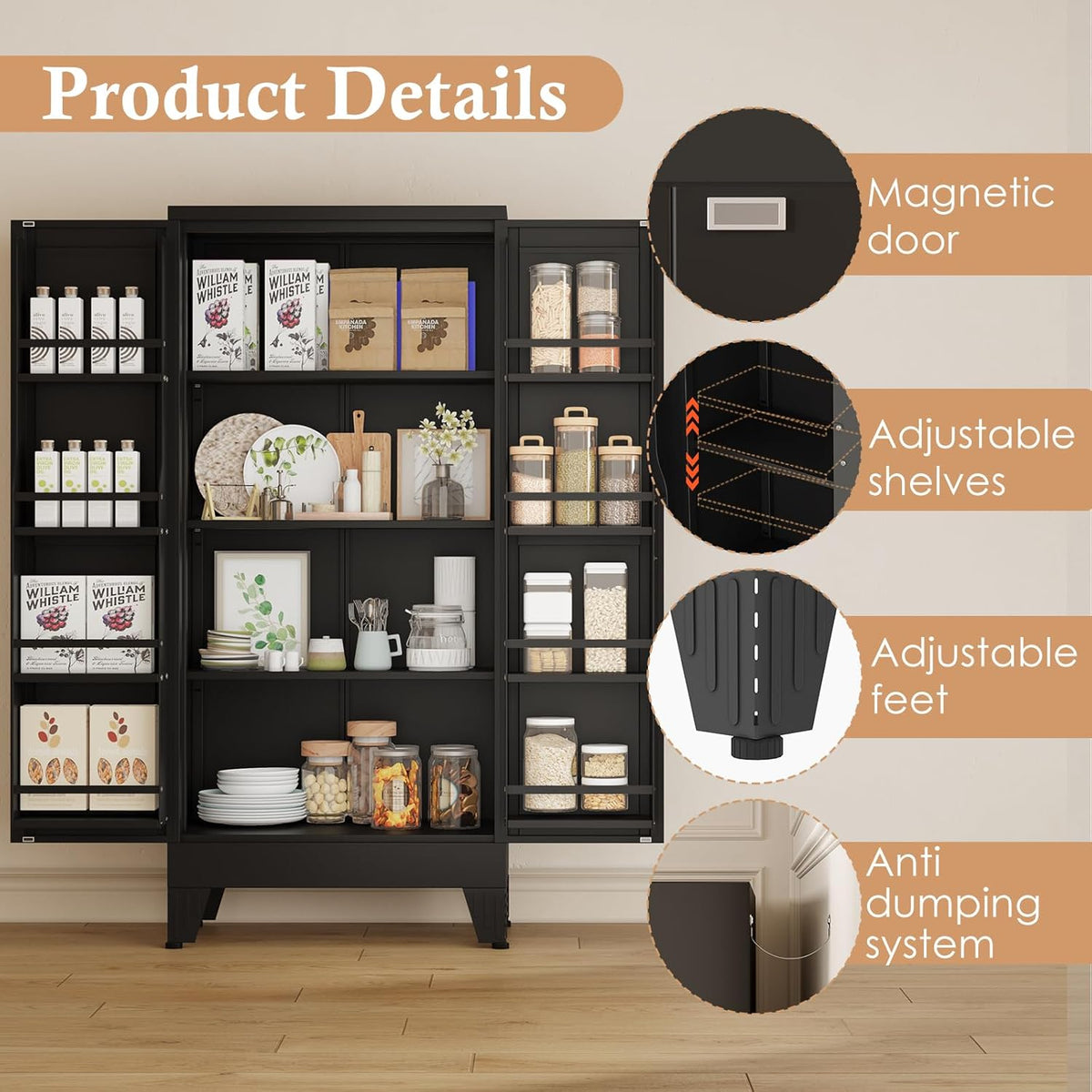 51" H Metal Kitchen Pantry Storage Cabinet, Freestanding Cupboard Storage Cabinet with Doors and