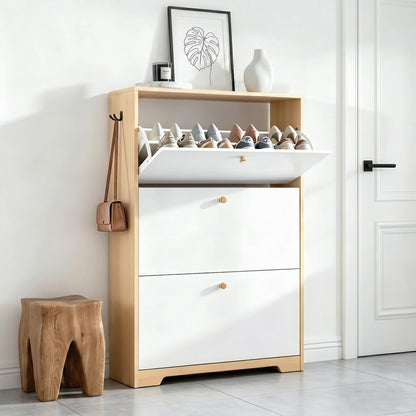 Nicetree Shoe Storage Cabinet with 3 Flip Drawers, Natural Oak and White
