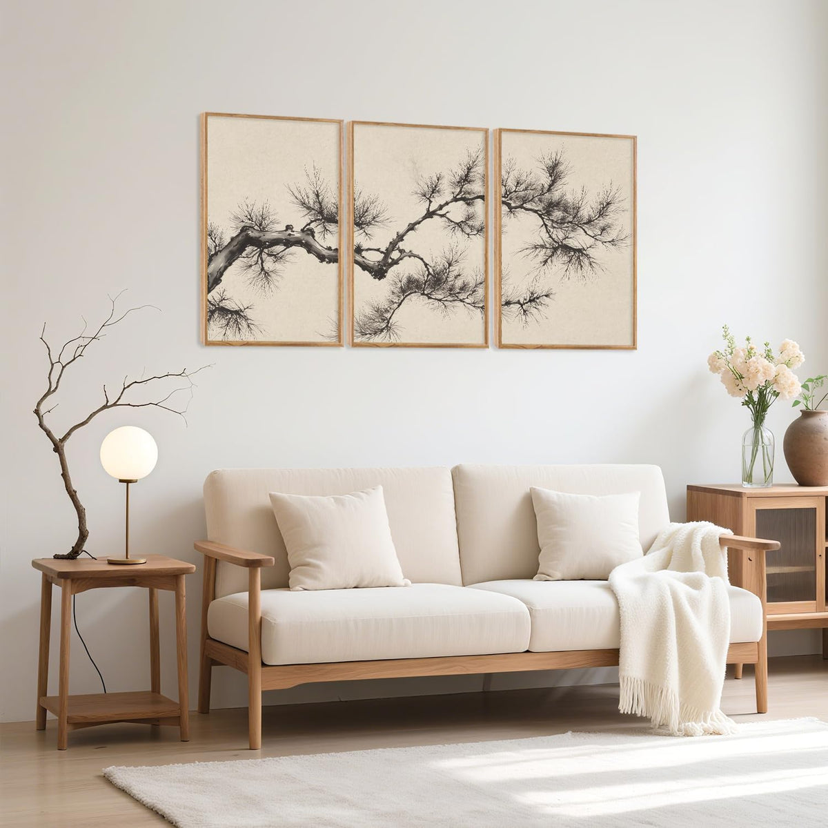 HPNIUB Vintage Sketch Pine Tree Framed Canvas Wall Art Set, Brown Antique Tree Branch Wall Decor