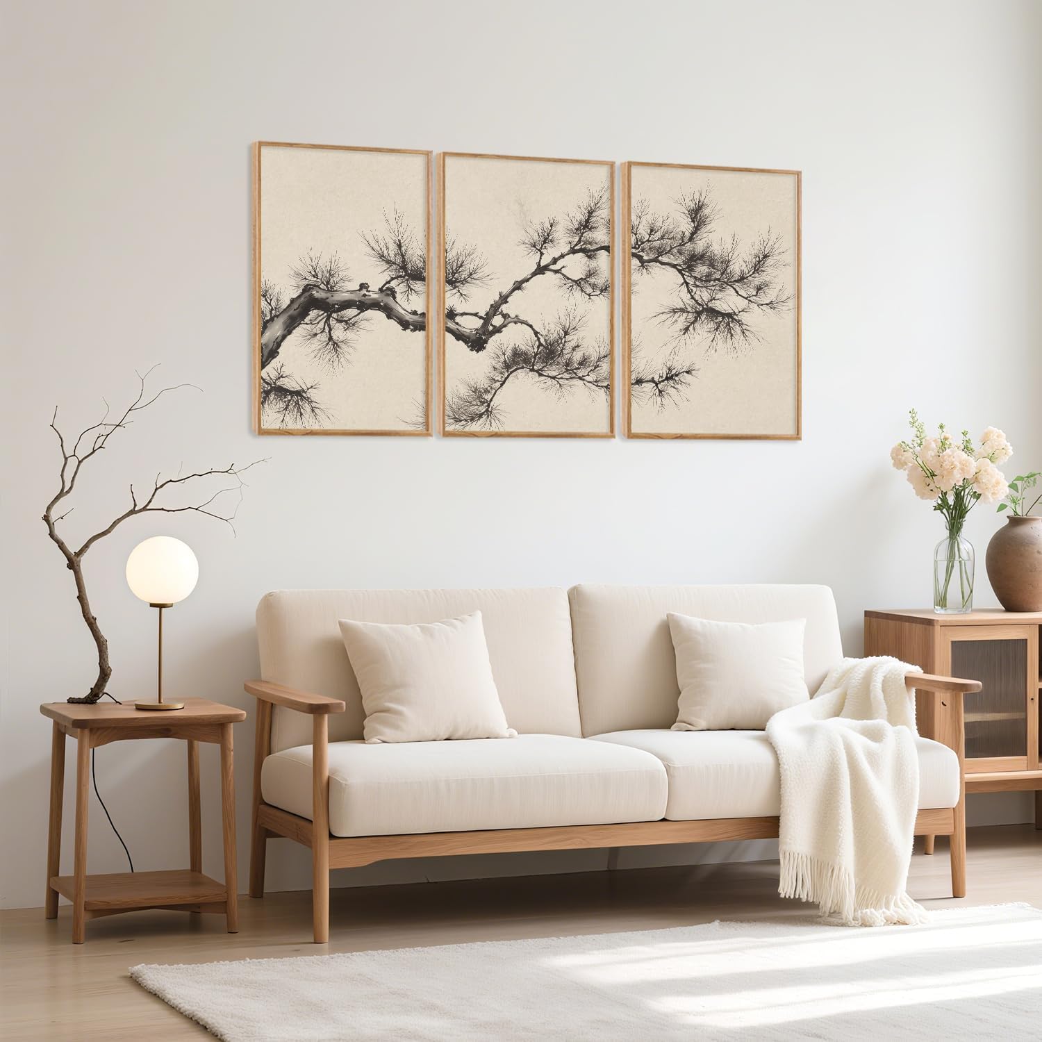 HPNIUB Vintage Sketch Pine Tree Framed Canvas Wall Art Set, Brown Antique Tree Branch Wall Decor