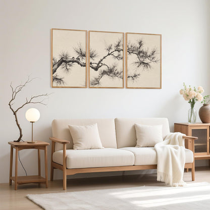 HPNIUB Vintage Sketch Pine Tree Framed Canvas Wall Art Set, Brown Antique Tree Branch Wall Decor