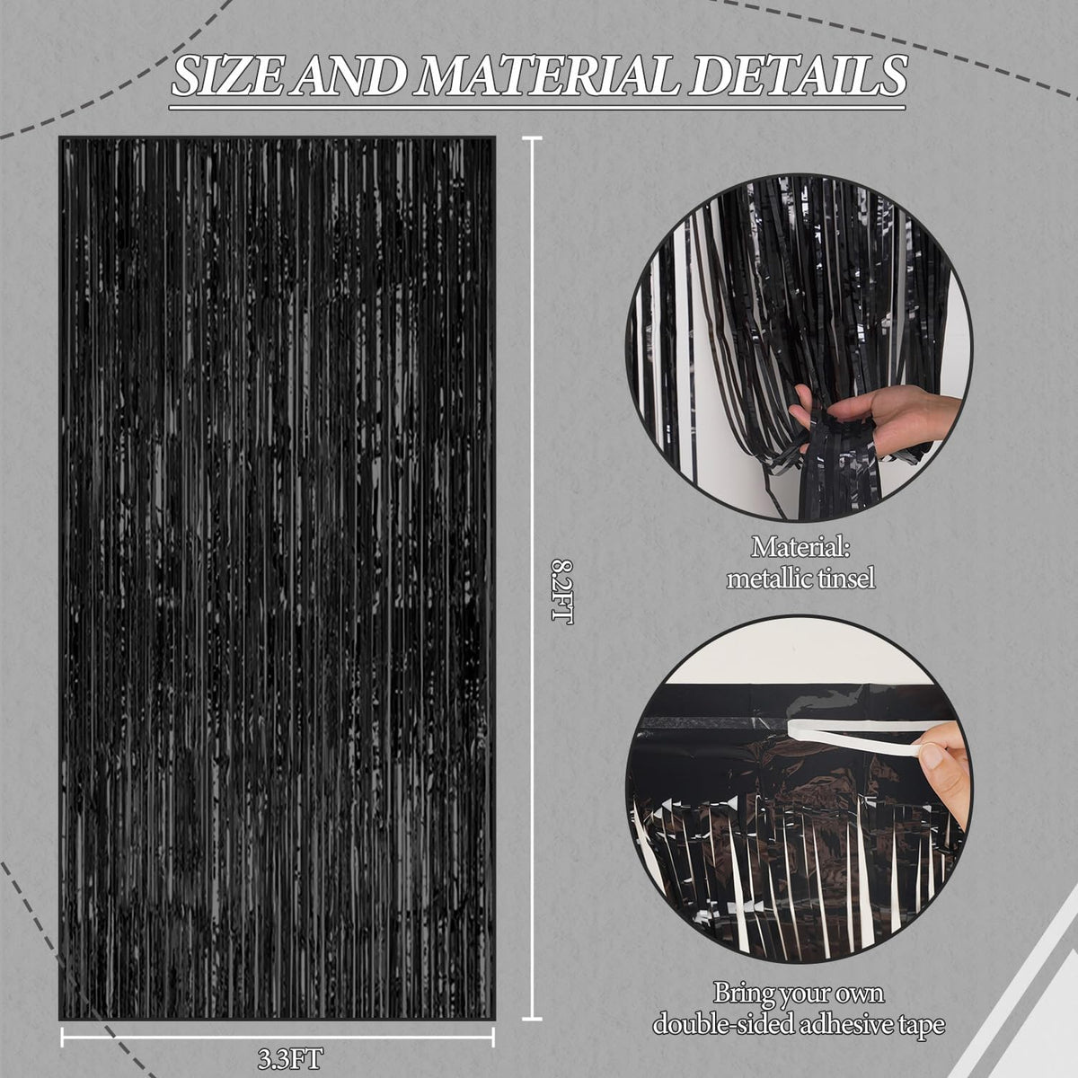 3 Pack Foil Fringe Backdrop - Black Shiny Tinsel Curtains for Party Decoration/Photo Booth Props