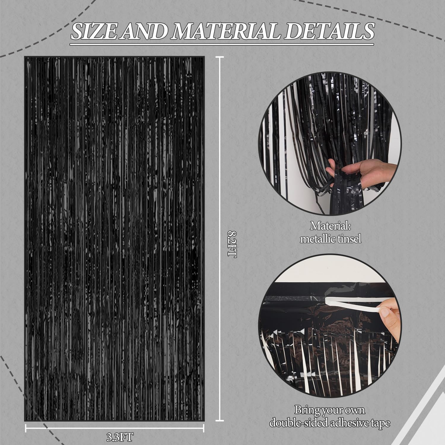 3 Pack Foil Fringe Backdrop - Black Shiny Tinsel Curtains for Party Decoration/Photo Booth Props
