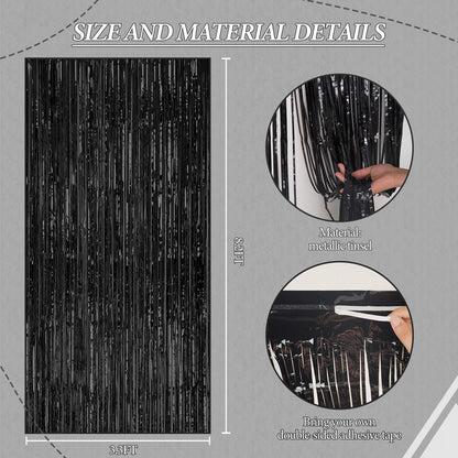 3 Pack Foil Fringe Backdrop - Black Shiny Tinsel Curtains for Party Decoration/Photo Booth Props