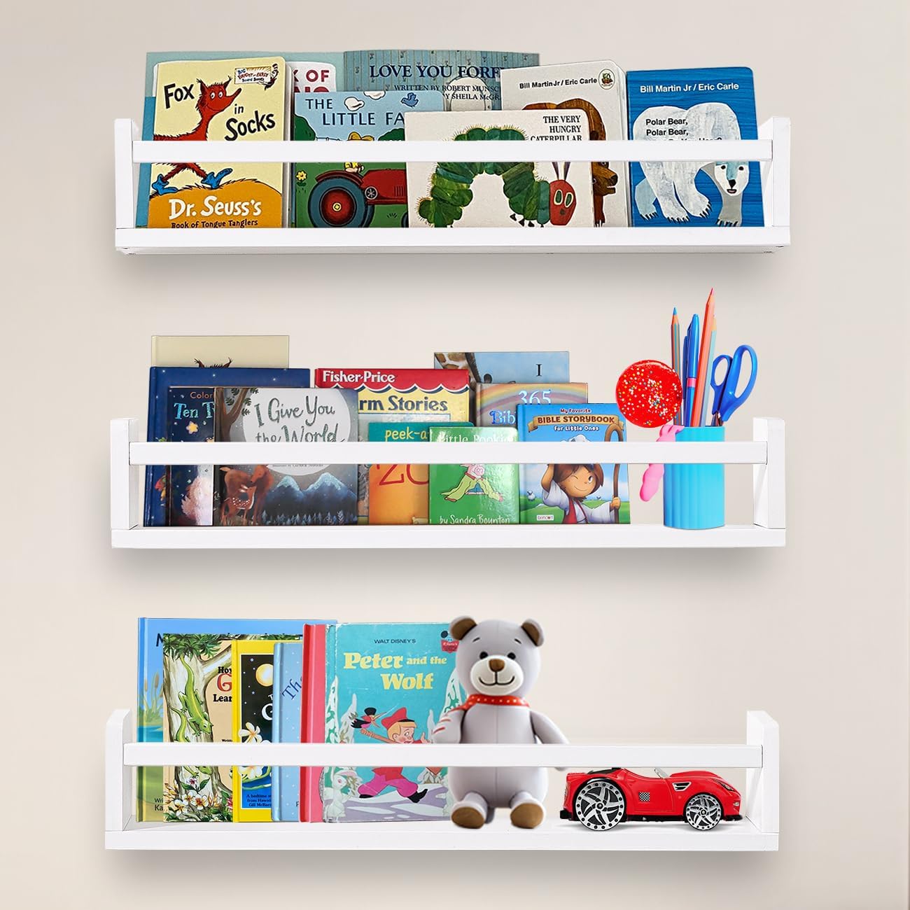 AZSKY Nursery Bookshelves White, 24 Inch Floating Bookshelves for Wall Set of 3, Baby Kids Decor